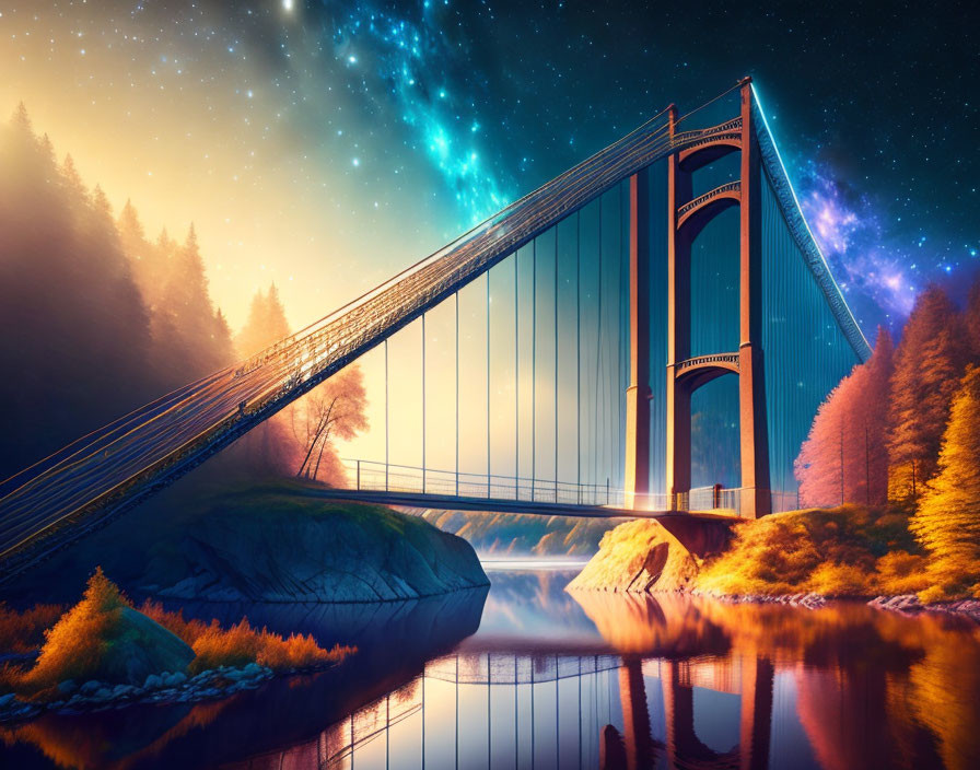 Suspension bridge at twilight over calm river with starry sky