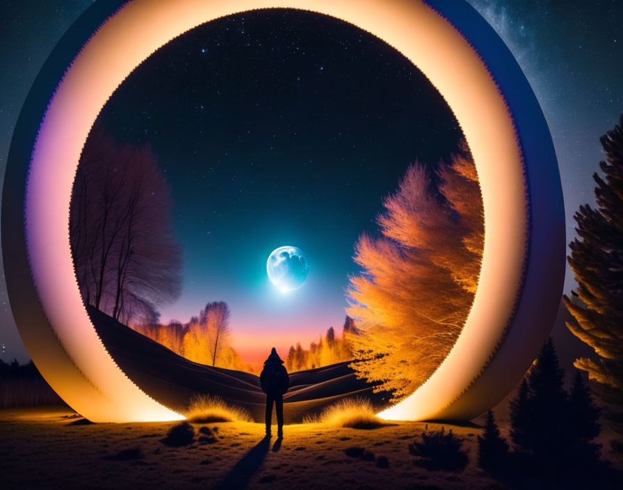 Person standing before large illuminated ring at night with silhouetted trees, moon, and stars.