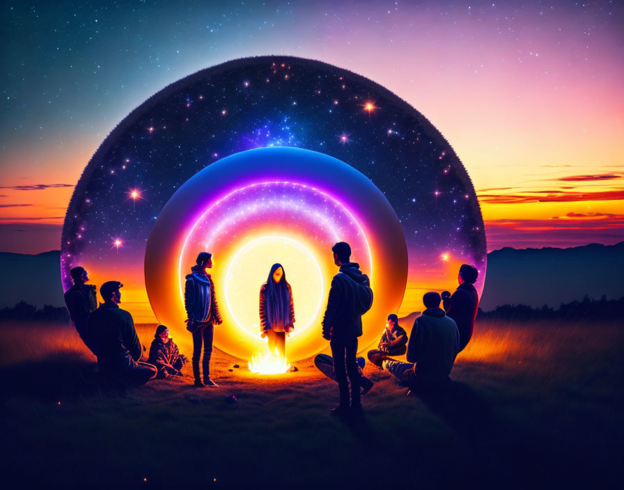 Group of People Surrounding Colorful Illuminated Portal at Twilight