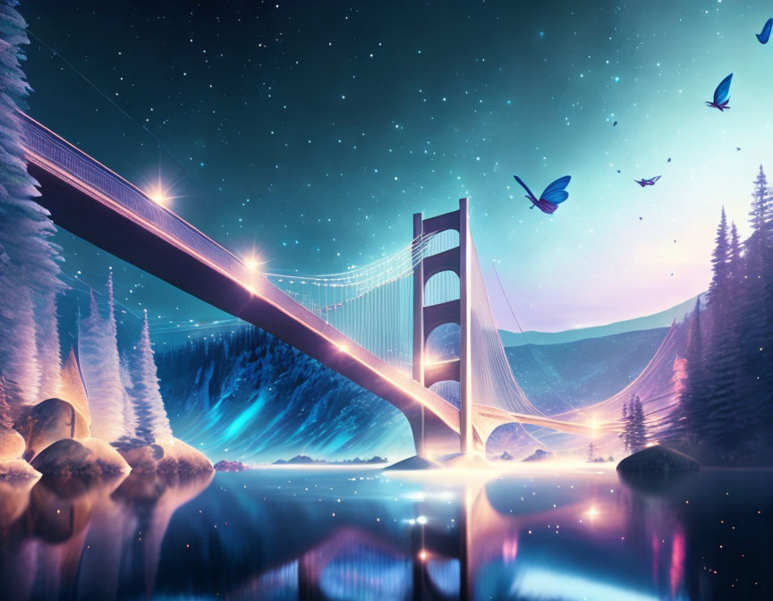 Colorful Suspension Bridge Over Calm Waters with Illuminated Pine Trees, Butterflies, and Starry