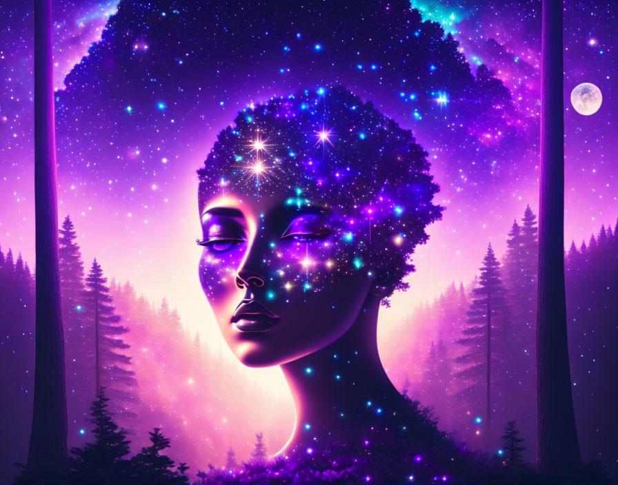 Galaxy-themed afro woman in twilight forest with stars and moon