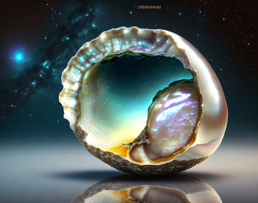 Open oyster shell against cosmic background merging ocean and space themes