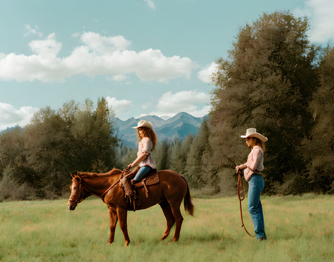 Cowboy-hat clad duo with horse in mountainous field.