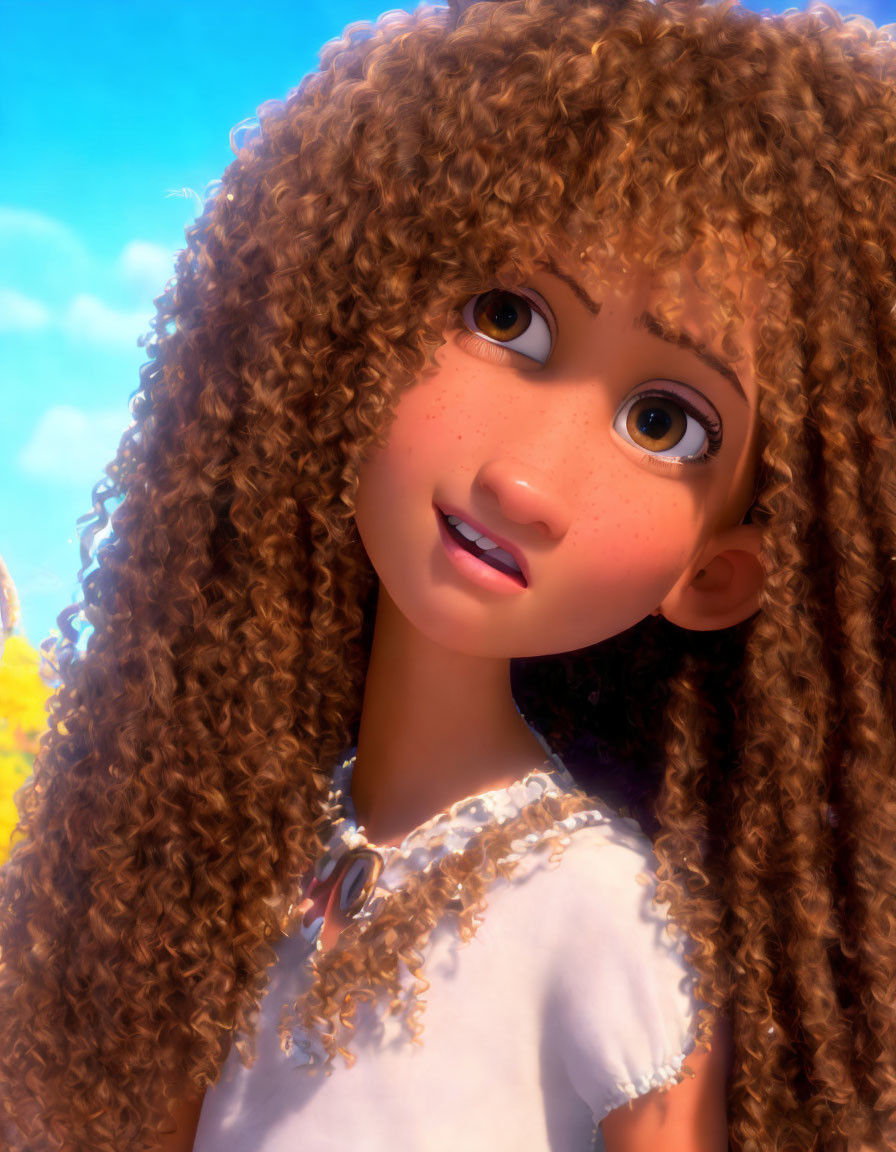 Close-up of 3D animated girl with curly hair and freckles under sunny sky