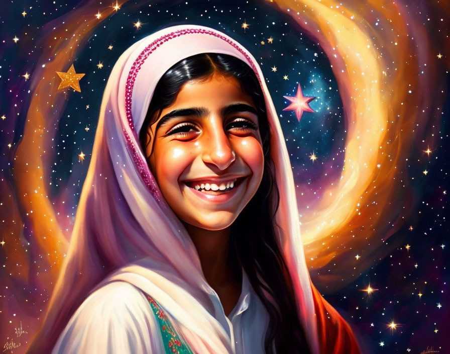 Colorful illustration: Smiling girl in headscarf amid cosmic galaxies