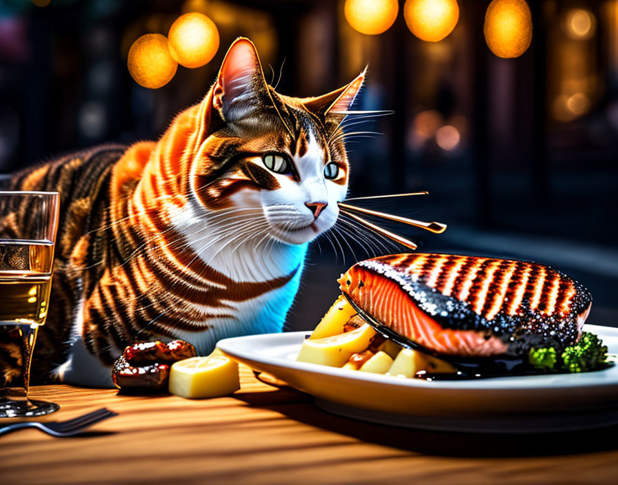 Striped cat eyeing grilled salmon on plate with bokeh lights