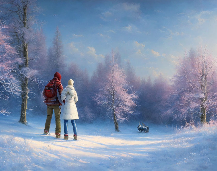 Two individuals in winter attire in snowy landscape with bare trees observing a rabbit under soft blue light.