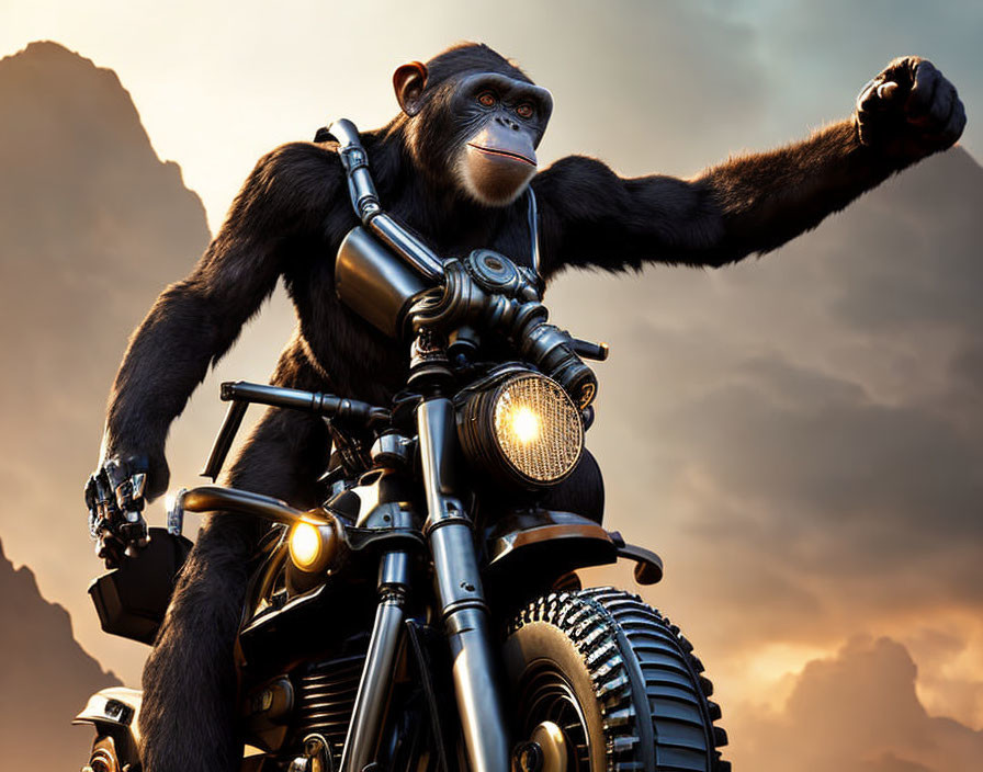 Chimpanzee riding black motorcycle with raised fist against mountain backdrop