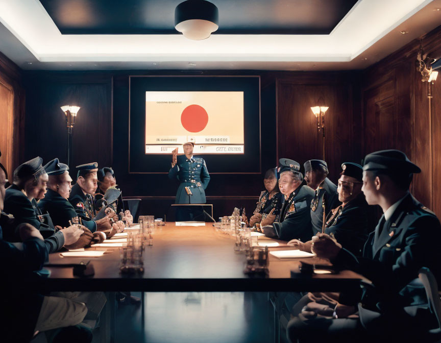 Military briefing with officers around table and speaker in front of red dot graphic.