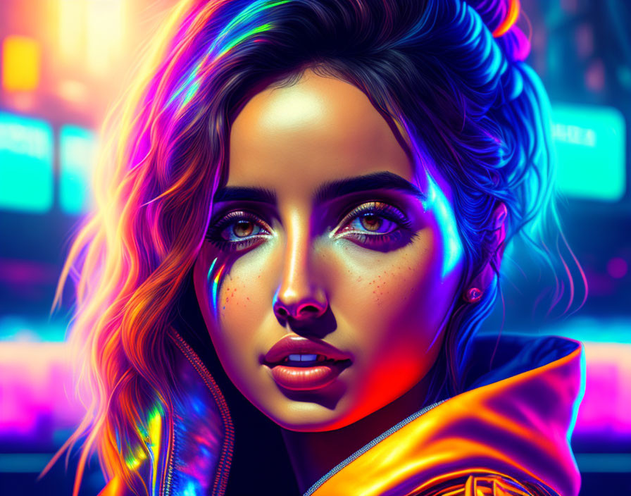 Colorful digital portrait featuring woman with neon lights, detailed eyes, glossy lips, yellow jacket