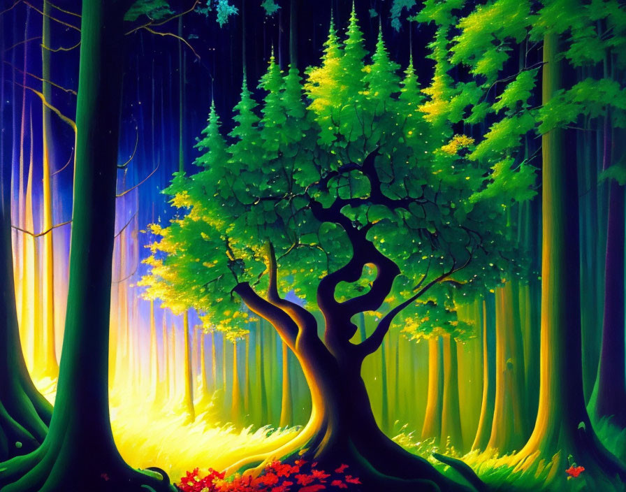 Colorful forest painting with vibrant green trees and sunlight rays