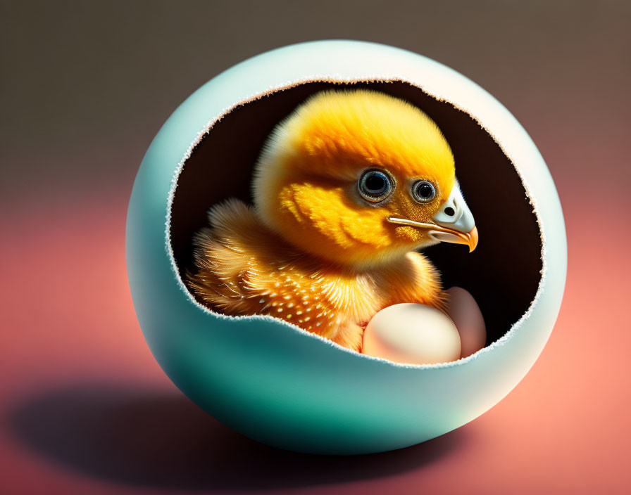 Fluffy yellow chick in cracked turquoise egg on gradient background