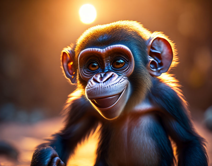 Realistic young monkey digital illustration in warm sunlight