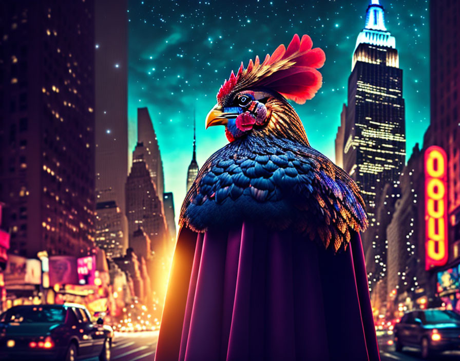 Colorful rooster in city night scene with illuminated buildings