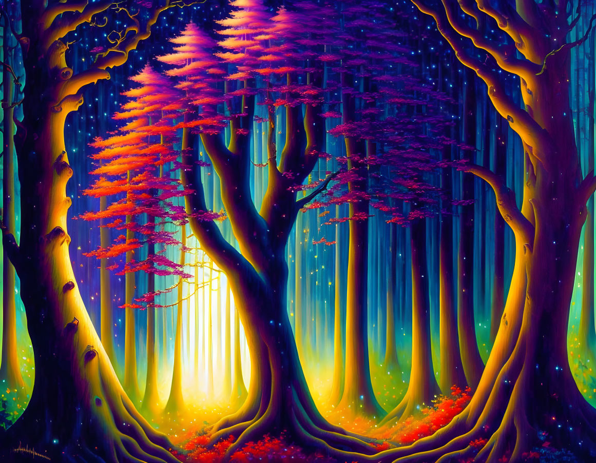 Fantastical forest with purple trees and glowing light