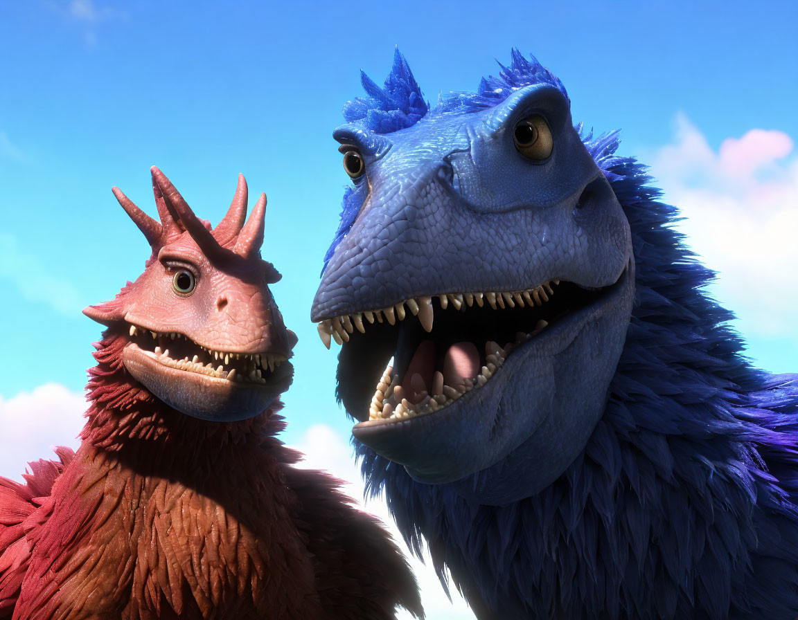 Colorful animated dinosaurs with friendly expressions under a blue sky - red and blue smiling dinosaurs