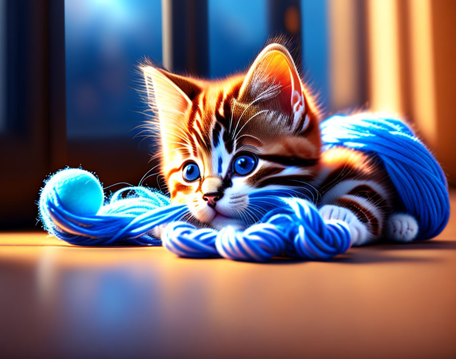 Colorful Illustration: Small Kitten with Blue Eyes and Yarn Ball