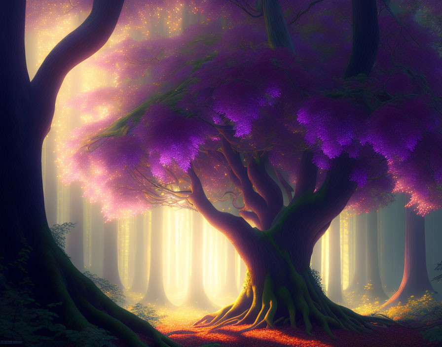 Mystical forest scene with large purple tree and sunbeams