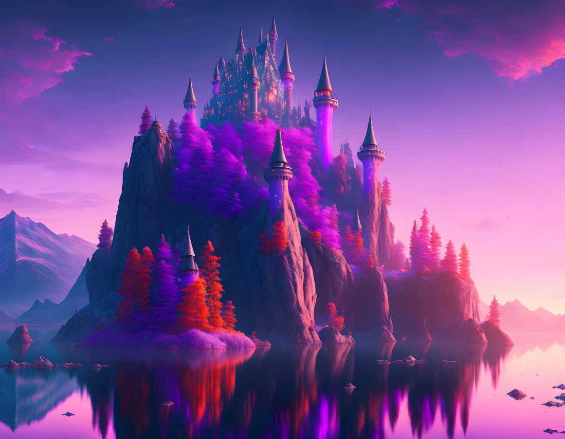 Majestic fantasy castle on mountain with purple sky and reflection