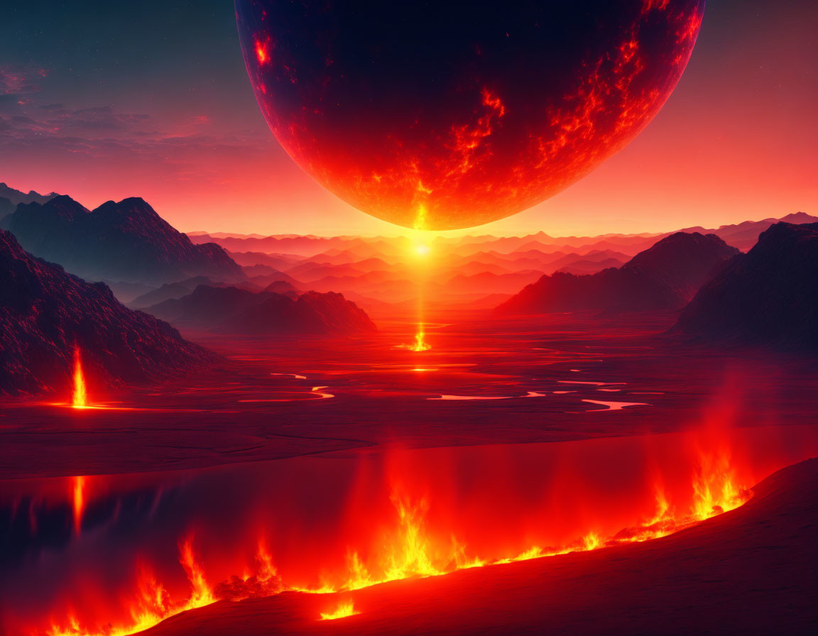 Crimson Planet in Sci-Fi Landscape with Fiery River