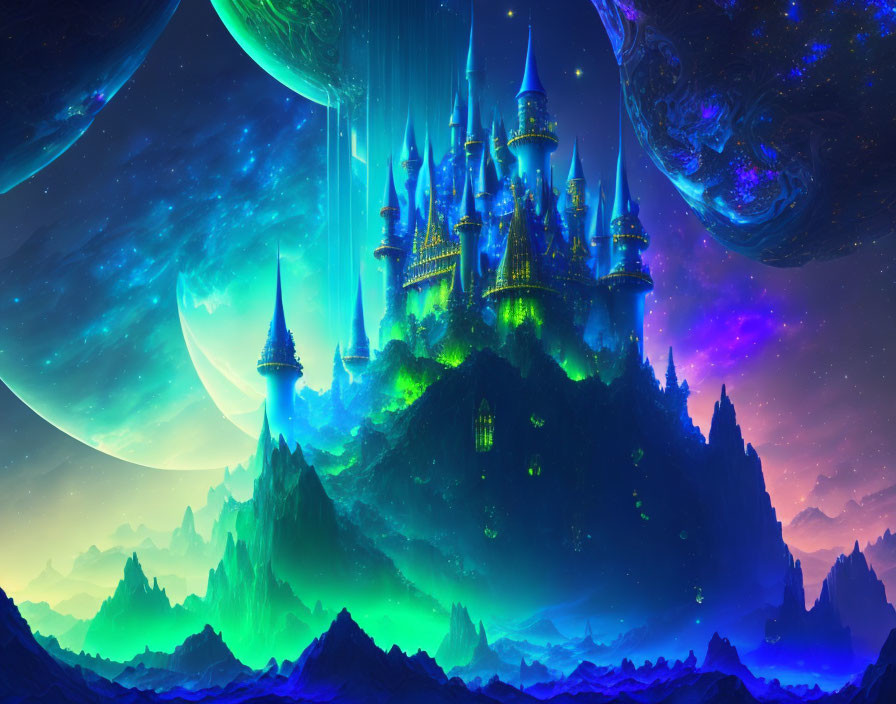 Fantasy landscape with illuminated castle on rugged cliffs under starry sky