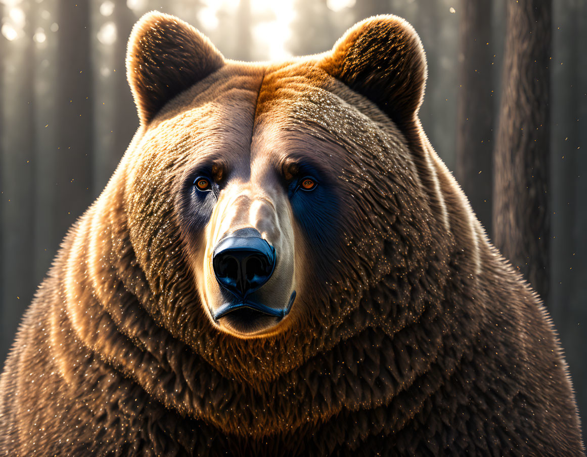 Brown bear with piercing blue eyes in forest setting