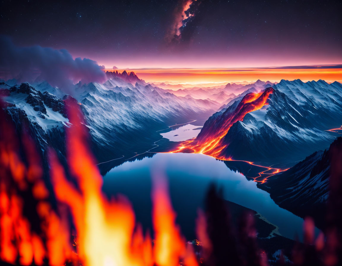 Volcanic eruption in snow-capped mountains at sunset