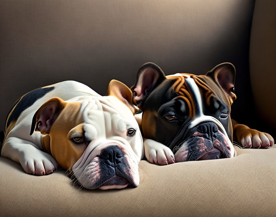 Two solemn bulldogs resting heads on beige surface, dark brown backdrop