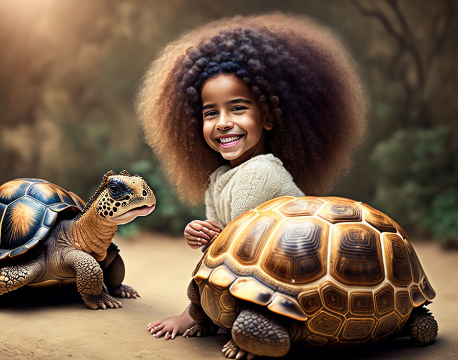 Smiling child with afro next to tortoises in earth-toned setting