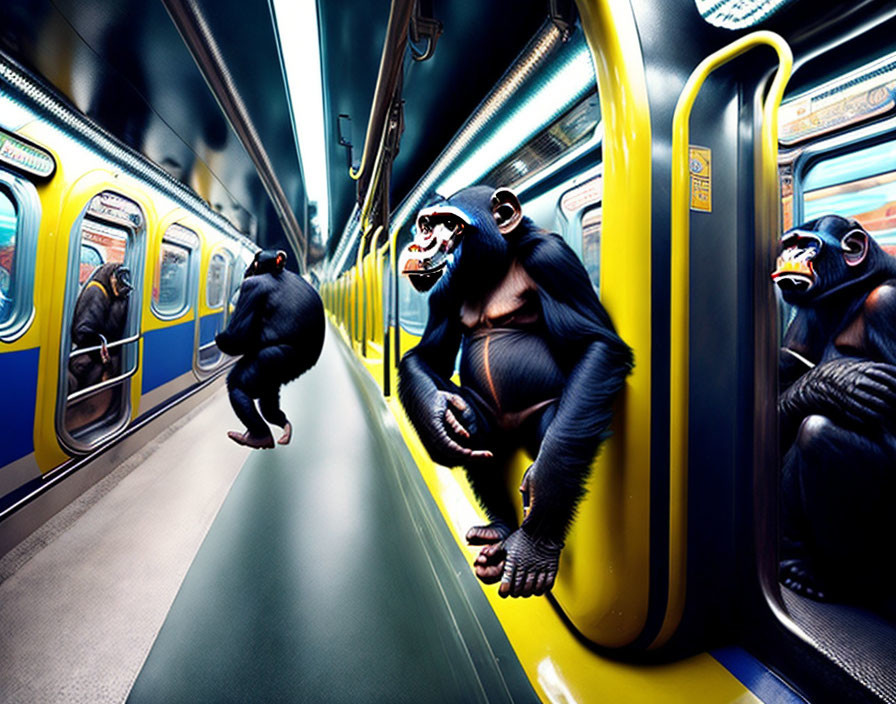 Chimpanzees in surreal subway scene with vivid colors