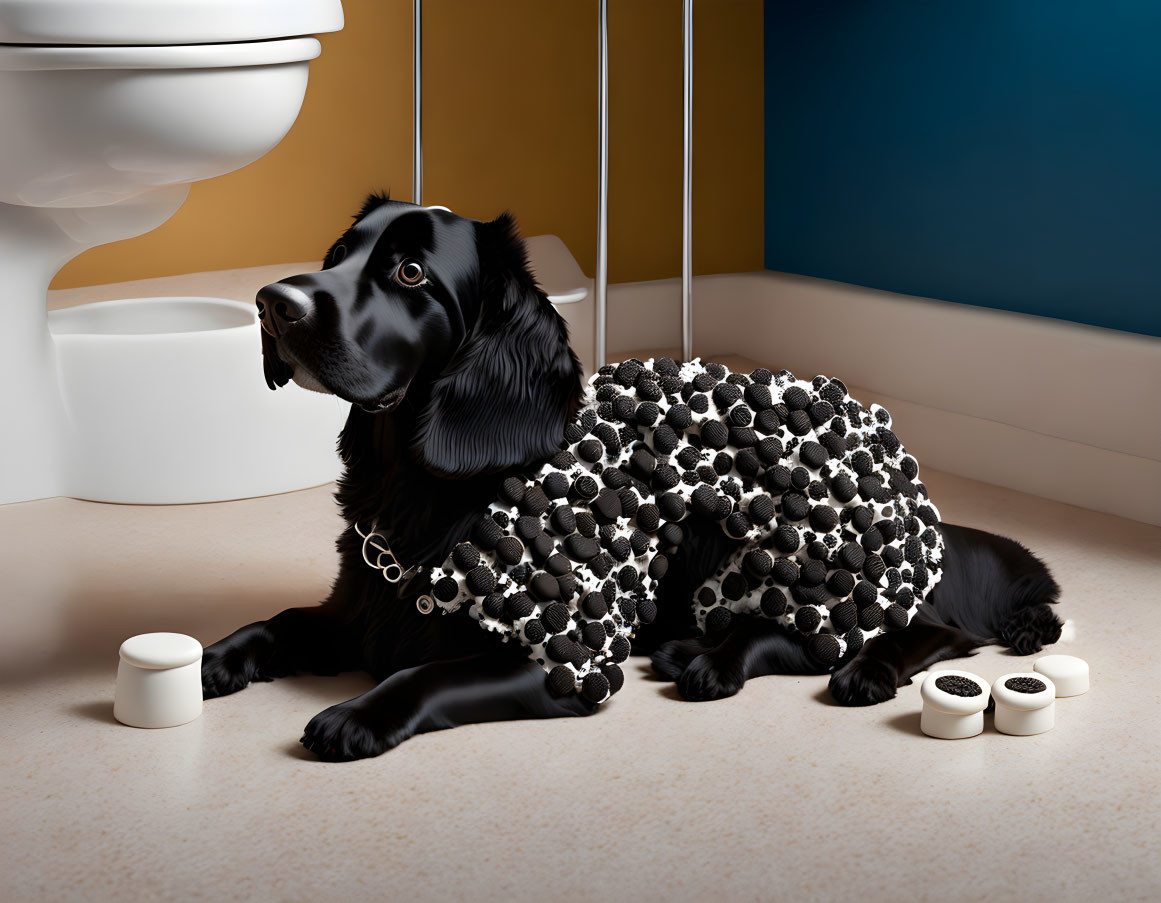 Black Dog in Toilet Paper Coat Beside Toilet & Empty Roll