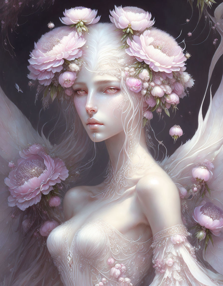 Pale-skinned ethereal being with white hair, fairy wings, pink flower crown, and lace details