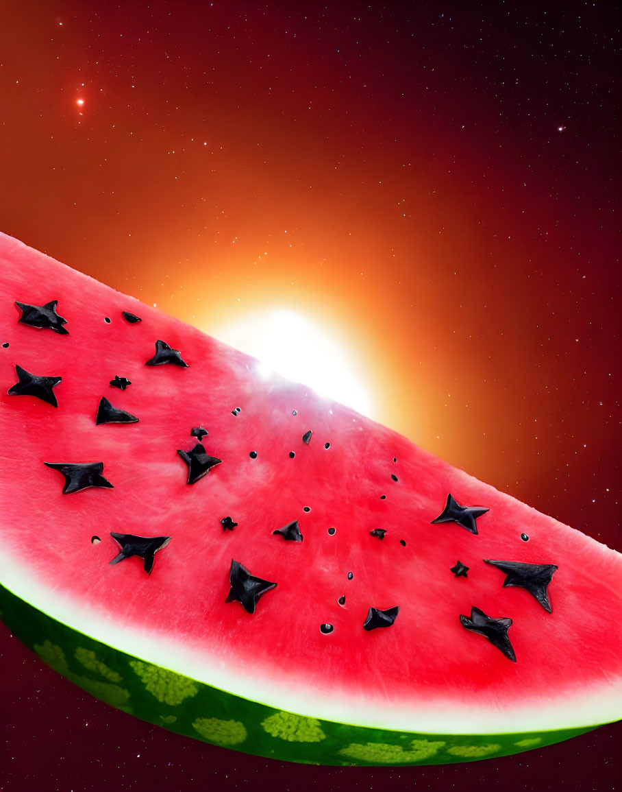 Watermelon slice with sprouting seeds on surreal sunset backdrop