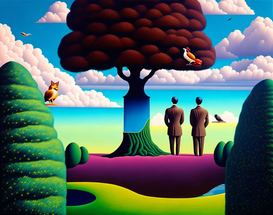 Colorful surreal landscape with two men in suits, large tree, fox, and birds under blue sky