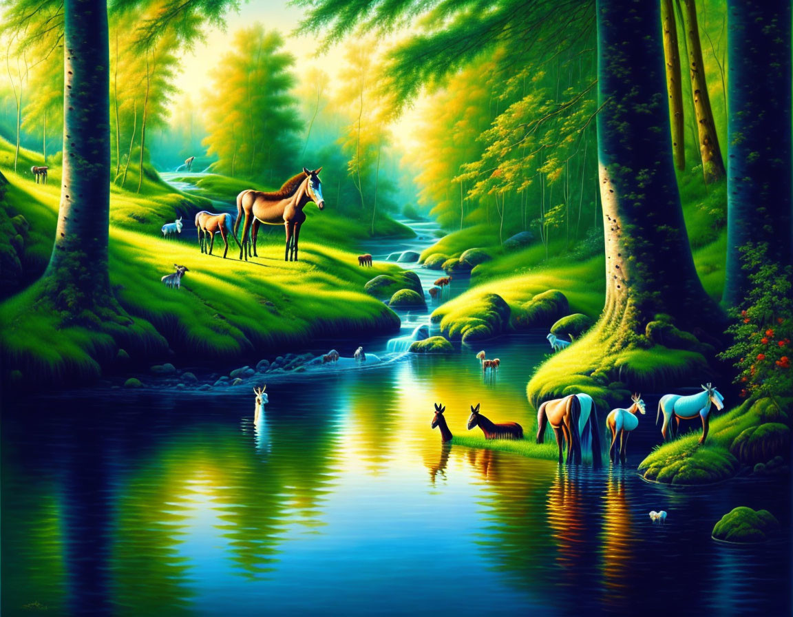 Serene forest scene with animals, stream, and sunbeams