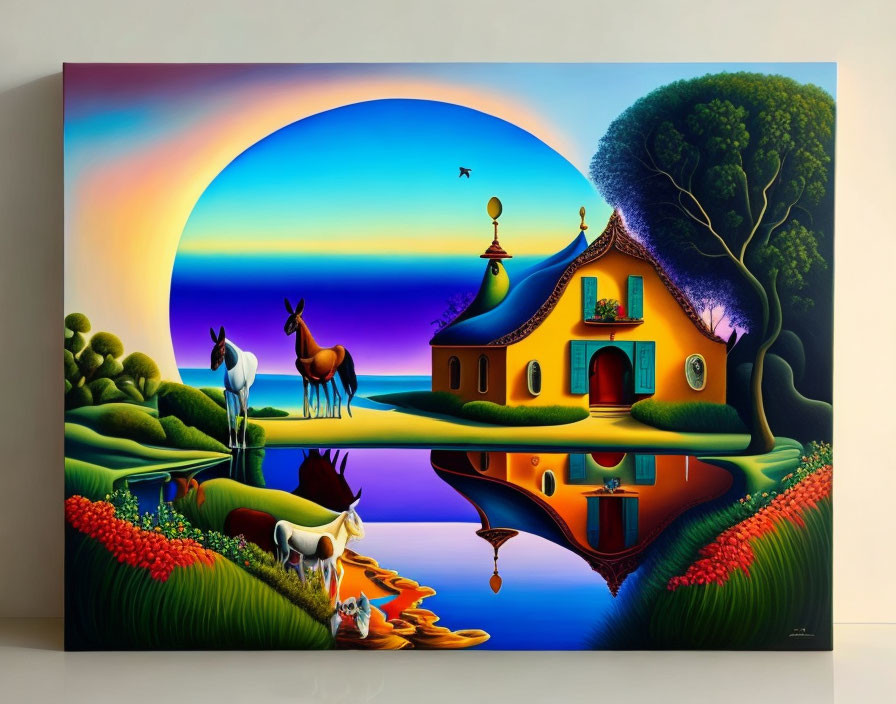 Colorful house, rainbow, animals in serene landscape