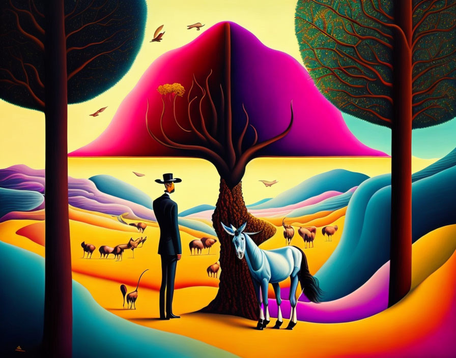 Vibrant surreal landscape: man with blue horse, unique trees, rolling hills, birds, purple