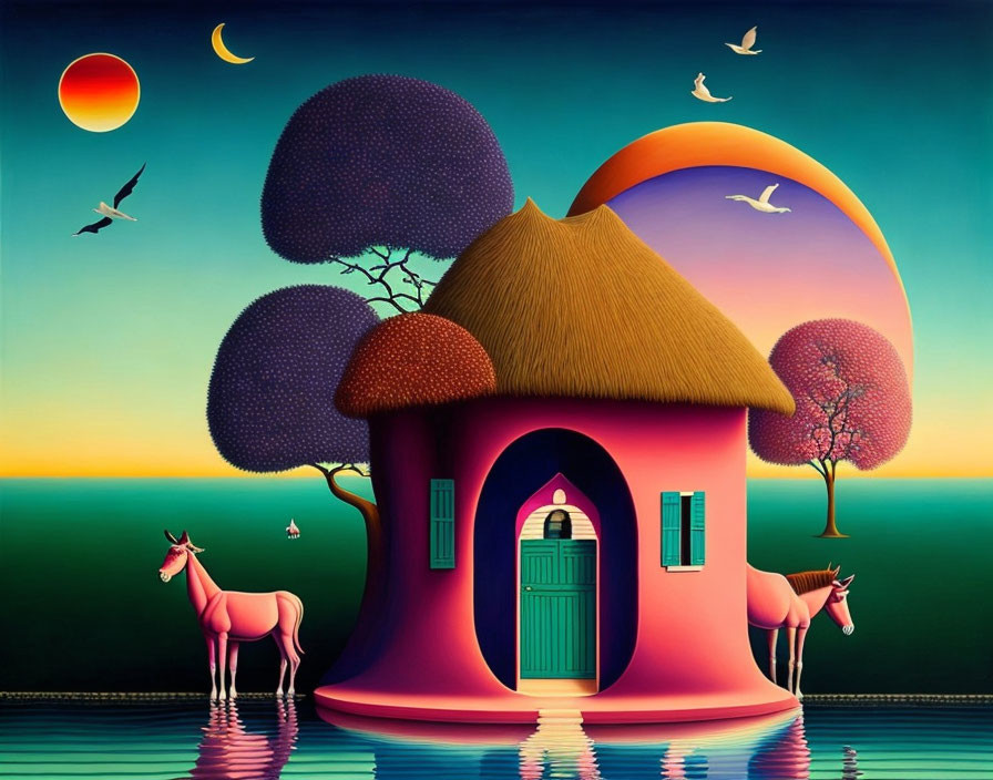 Whimsical pink house painting with thatched roof by the sea