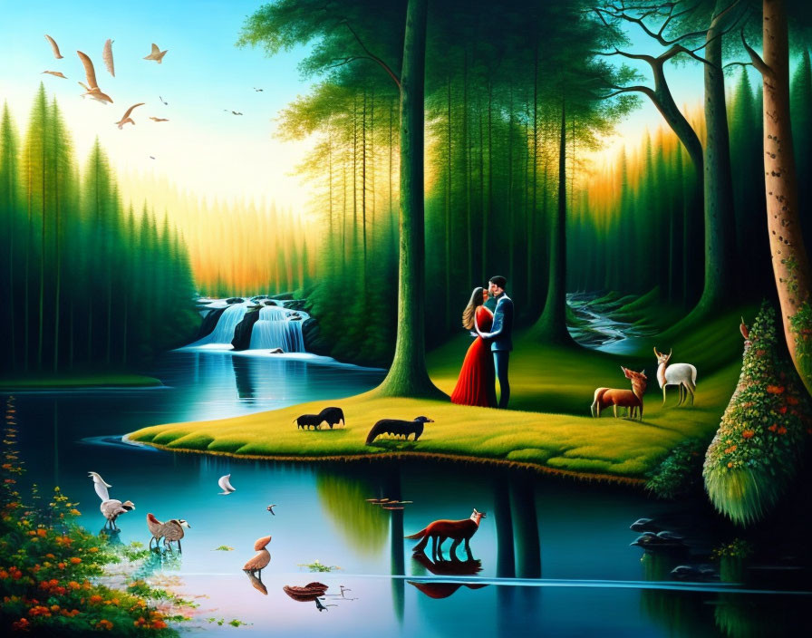 Tranquil landscape: couple embracing by lake, animals, waterfalls, lush forest at sunset