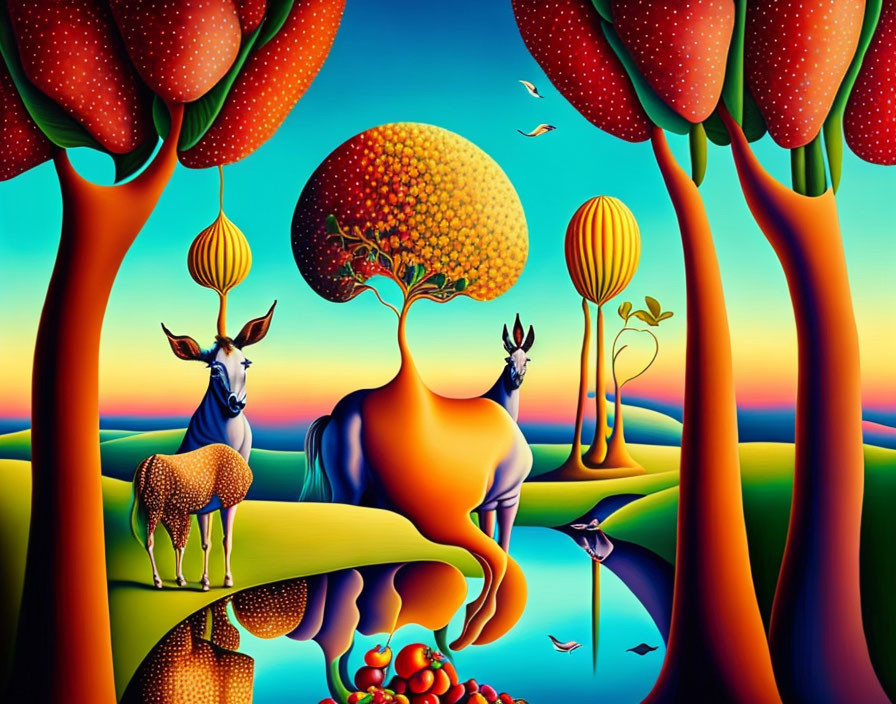 Colorful surreal landscape with red canopy trees and okapis under sunset sky