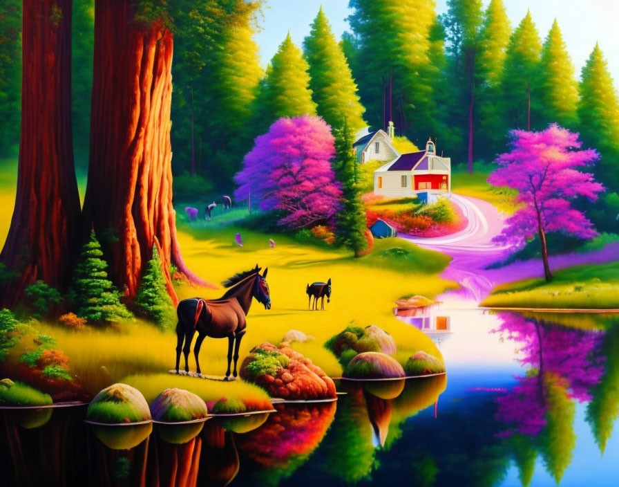 Colorful landscape with horses, winding path, and quaint house by water