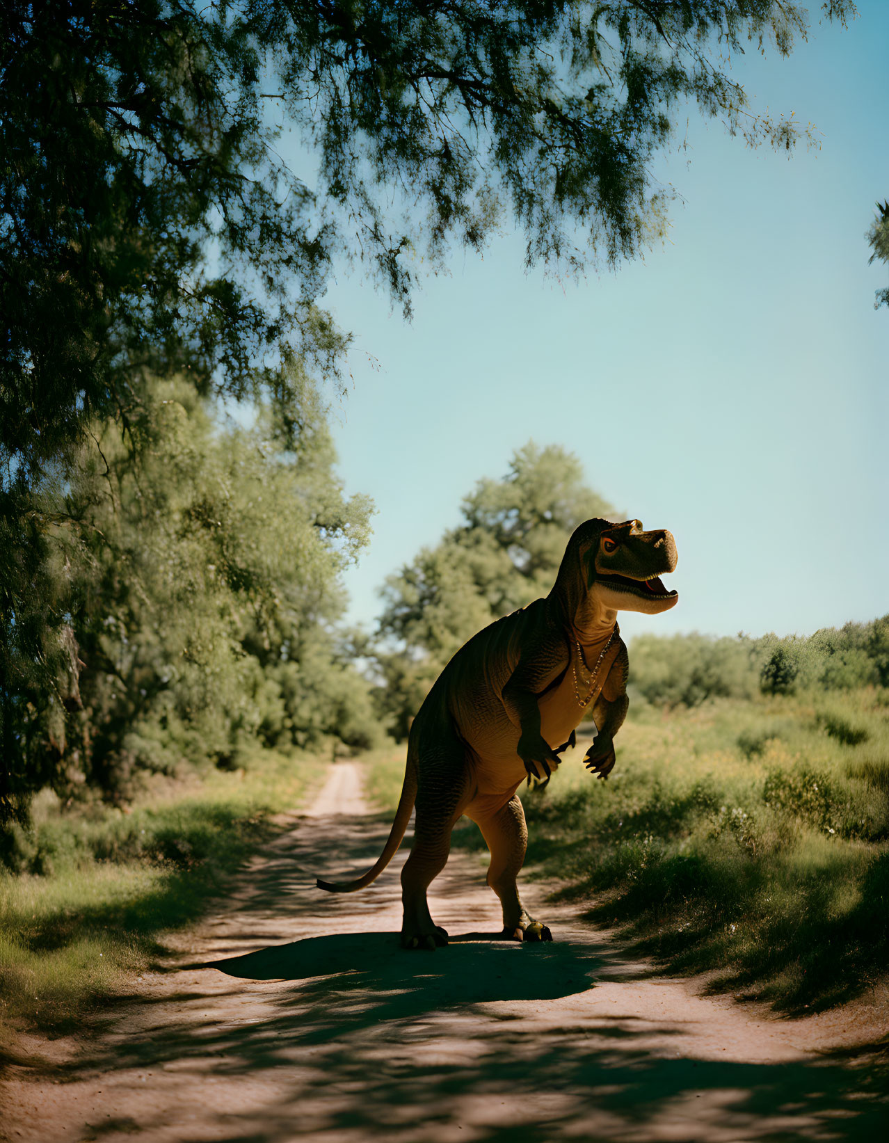 Person in T-rex costume posing on dirt path in greenery