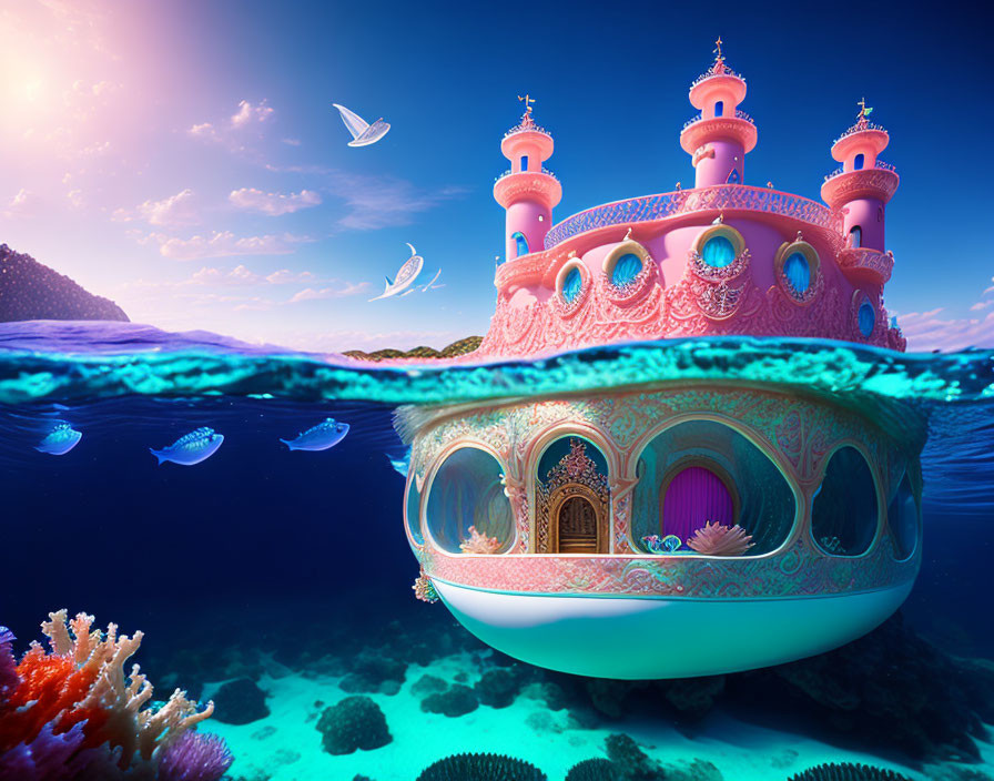 Underwater Castle with Coral Towers Surrounded by Fish