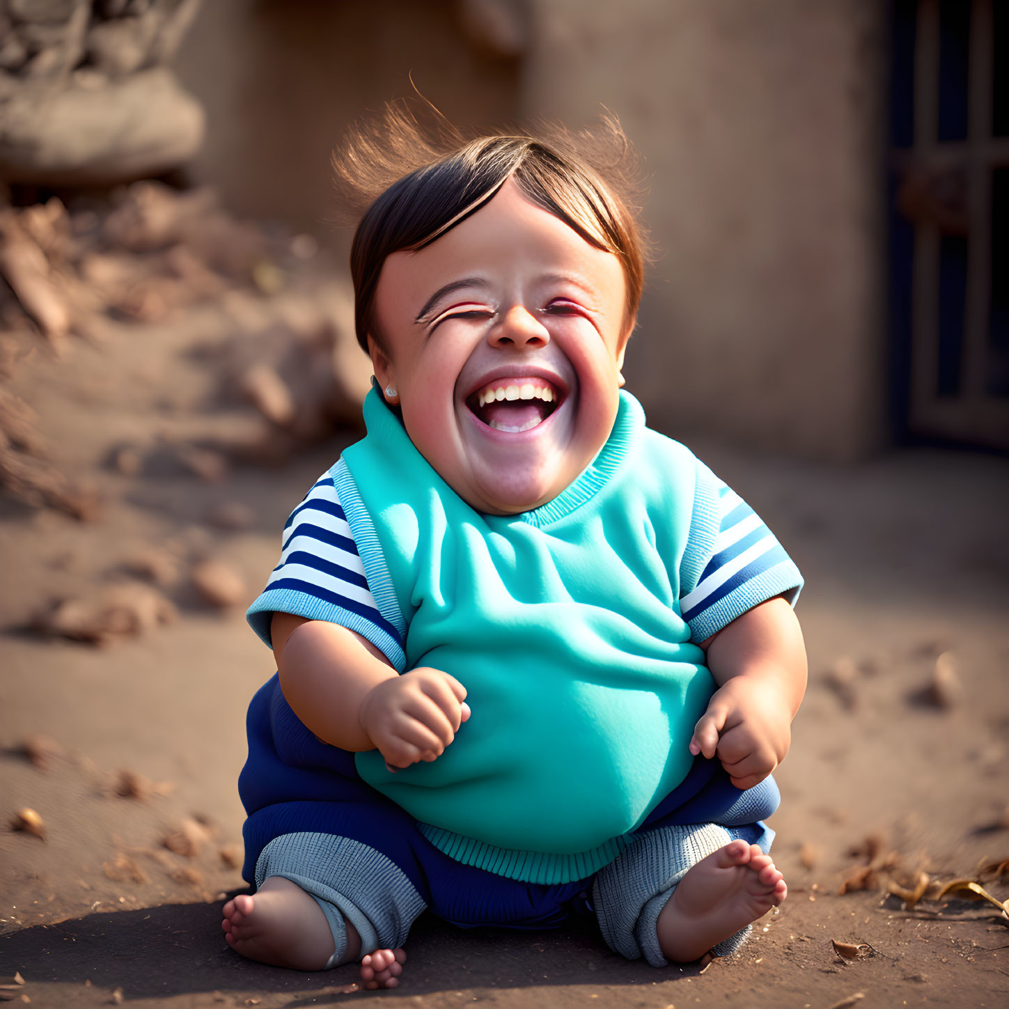 Toddler with Down syndrome laughing outdoors in blue bib and striped shirt