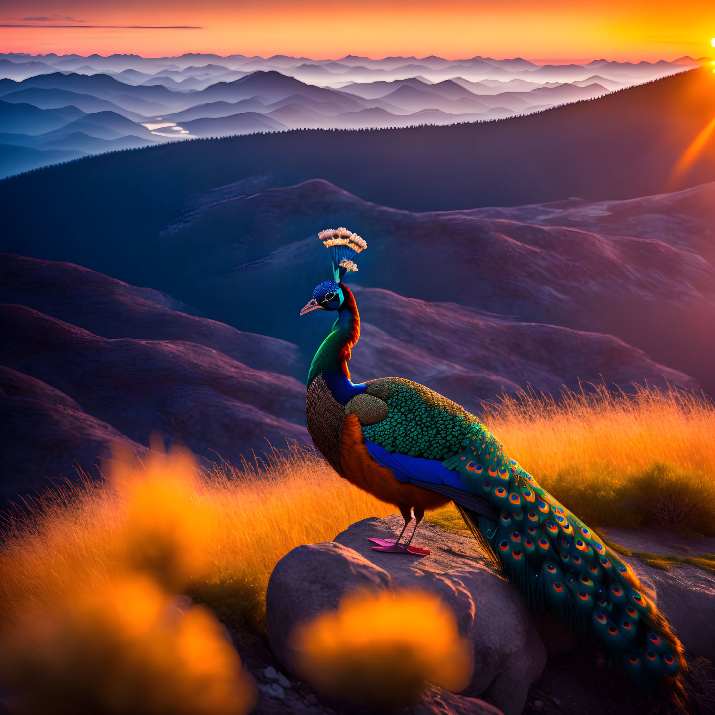 Colorful peacock on rock gazes at sunset over rolling hills