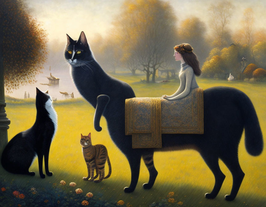 Surreal artwork: Woman with book body and black cat in autumn park