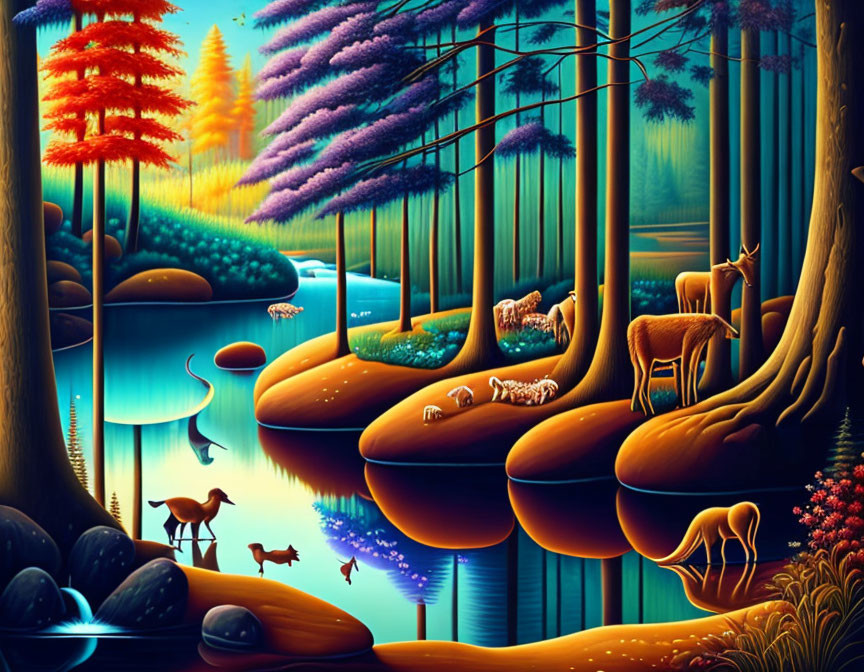 Vibrant forest scene with animals, reflective water, and whimsical trees