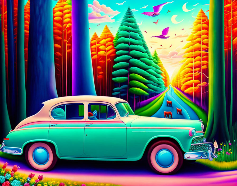 Vintage Turquoise Car Parked by Colorful Forest Path