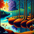 Vibrant forest scene with animals, reflective water, and whimsical trees