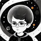 Monochrome illustration of young boy gazing at cosmic backdrop